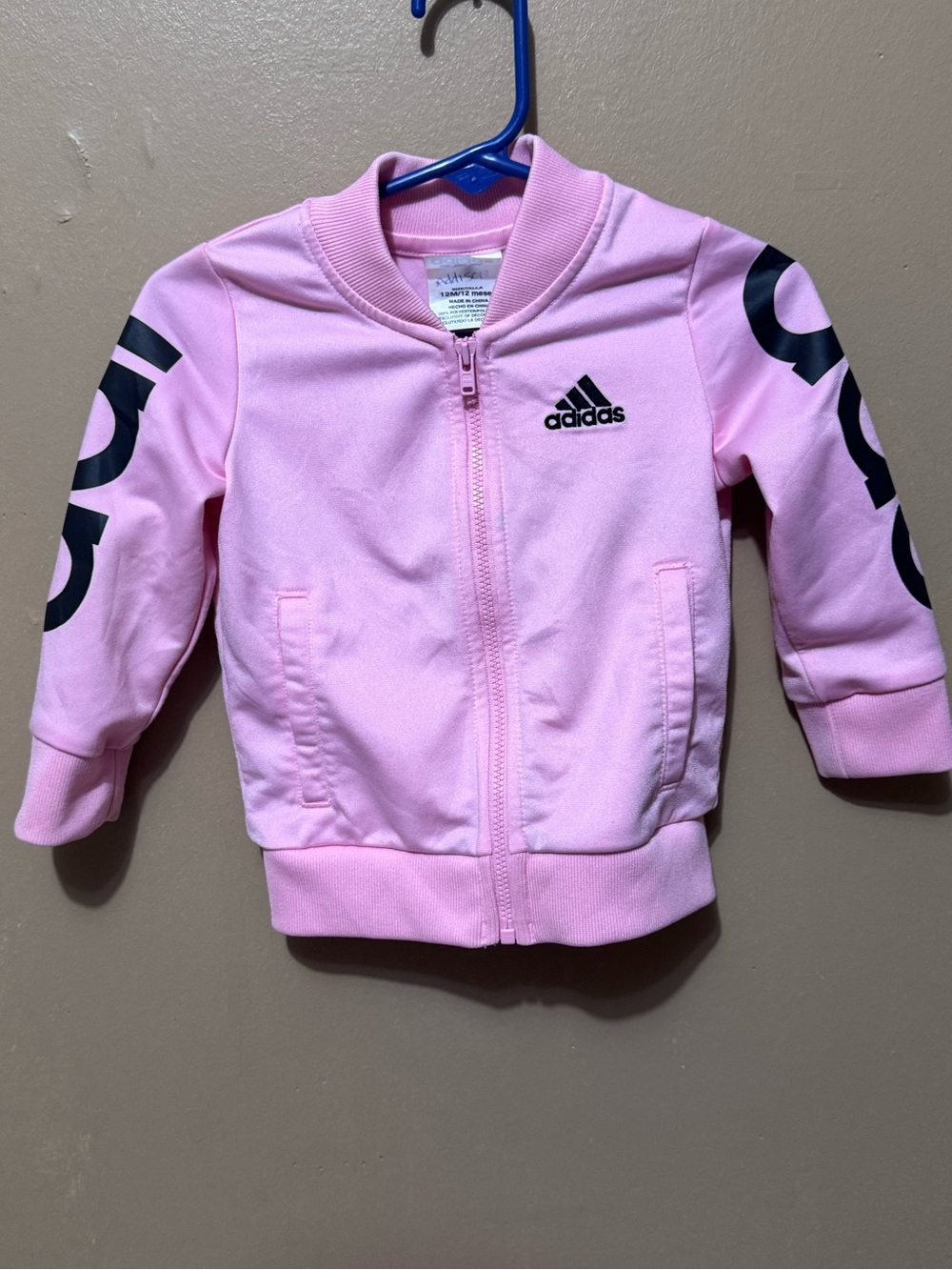 adidas Infant Girls Pink Track Jacket Size 12M Graphic Sleeve Full Zip
